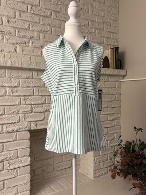 NWT Tribal SportSleeveless Striped Polo Top Reef Green/White Size Medium